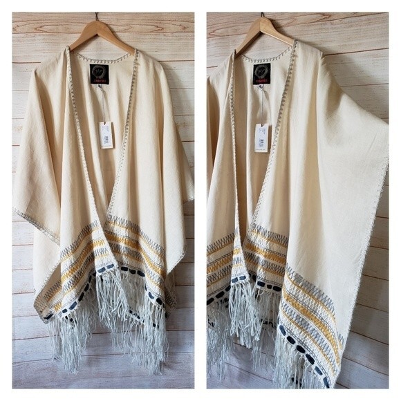 Johnny Was Aro Linen Cotton Fringed Poncho Wrap Boho Inspired One Size - Picture 4 of 11